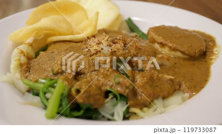 Indonesian food Pecal, traditional Javanese dish consists of mix fresh vegetables and peanut sauce dressing, with additional kerupuk or crackers, on the plate. Close up 119733087