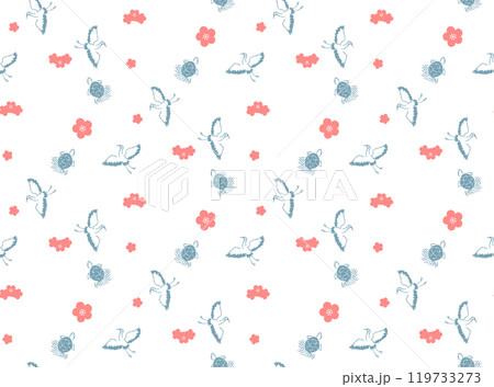 梅と鶴と亀のパターン  てぬぐい 和柄　紅梅色 紺鼠色 年賀状 119733273