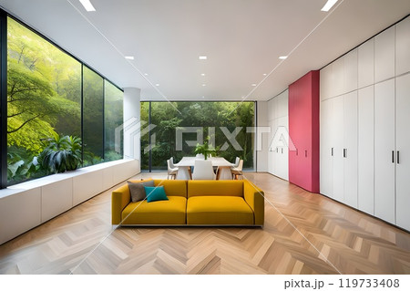 Modern contemporary simple minimalist modern cozy, comfortable, colorful artistic and elegant living room for house and apartment, very good interior. 119733408