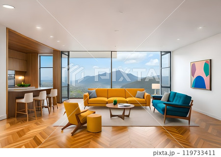Modern contemporary simple minimalist modern cozy, comfortable, colorful artistic and elegant living room for house and apartment, very good interior. 119733411