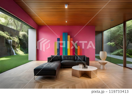 Modern contemporary simple minimalist modern cozy, comfortable, colorful artistic and elegant living room for house and apartment, very good interior. 119733413