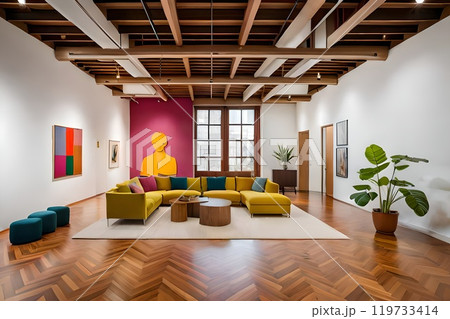 Modern contemporary simple minimalist modern cozy, comfortable, colorful artistic and elegant living room for house and apartment, very good interior. 119733414