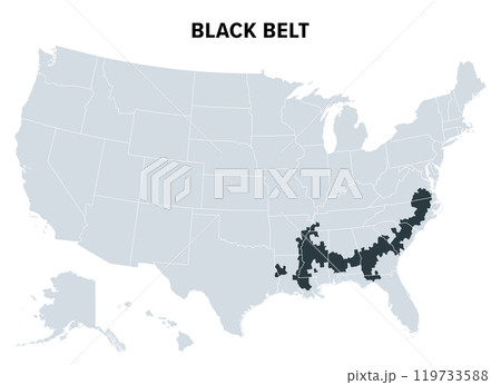 Black Belt in the American South, political map. Area so called in days of cotton plantation economy, because of its dark, fertile soils and later because of the high proportion of African Americans. 119733588