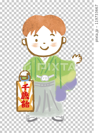 一個穿著七五三和服的 5 歲男孩的手繪插圖 119733667