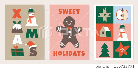Merry Christmas Happy New Year. Set of vector illustrations. Winter background, greeting card, party invitation. Retro flat design poster set with Christmas tree, gingerbread man cookie and snow man. Merry Christmas Happy New Year. Set of vector illustrations. Winter background, greeting card, party invitation. Retro flat design poster set with Christmas tree, gingerbread man cookie and snow man. 119733771