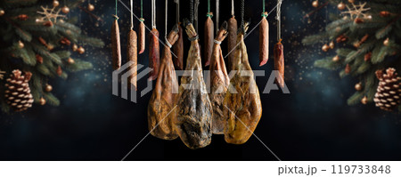 Dry Spanish ham, Jamon Serrano, Bellota, Italian Prosciutto Crudo or Parma ham. Dry Spanish ham, Jamon Serrano, Bellota, Italian Prosciutto Crudo or Parma ham. 119733848