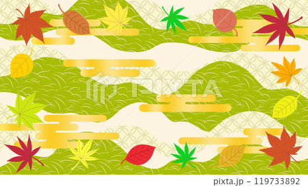 和柄背景に紅葉と金のヱ雲をあしらった背景イラスト素材 119733892
