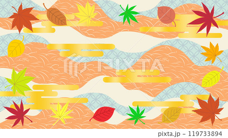 和柄背景に紅葉と金のヱ雲をあしらった背景イラスト素材 119733894
