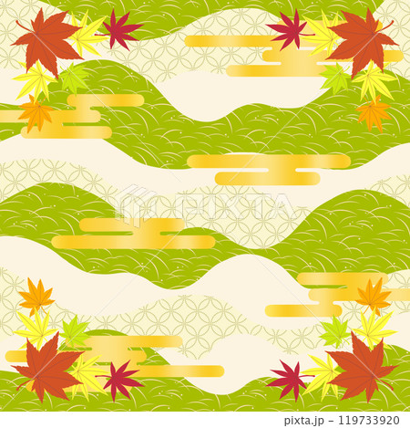 和柄背景に紅葉と金のヱ雲をあしらった背景イラスト素材 119733920