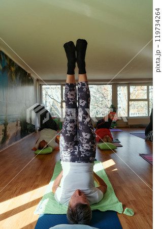 Senior Women Embrace Wellness: Yoga and Stretching in a Sunlit Space 119734264