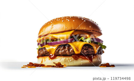 Juicy full beef burger on white background. 119734498