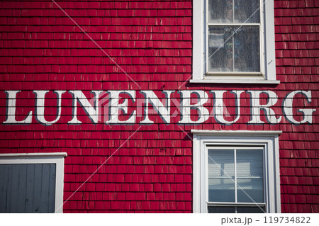 Lunenburg sign painted on traditional waterfront building 119734822