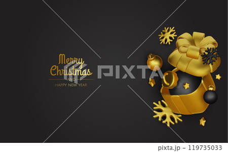 Christmas winter festive composition. Colorful Xmas background realistic 3d decorative design objects, christmas tree, gift boxes, xmas ball, gold confetti. Happy New Year. Vector illustration Christmas winter festive composition. Colorful Xmas background realistic 3d decorative design objects, christmas tree, gift boxes, xmas ball, gold confetti. Happy New Year. Vector illustration 119735033