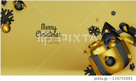 Christmas winter festive composition. Colorful Xmas background realistic 3d decorative design objects, christmas tree, gift boxes, xmas ball, gold confetti. Happy New Year. Vector illustration Christmas winter festive composition. Colorful Xmas background realistic 3d decorative design objects, christmas tree, gift boxes, xmas ball, gold confetti. Happy New Year. Vector illustration 119735091