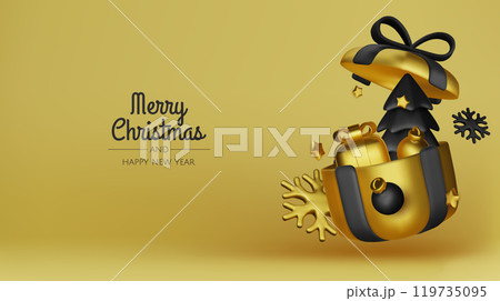 Christmas winter festive composition. Colorful Xmas background realistic 3d decorative design objects, christmas tree, gift boxes, xmas ball, gold confetti. Happy New Year. Vector illustration 119735095