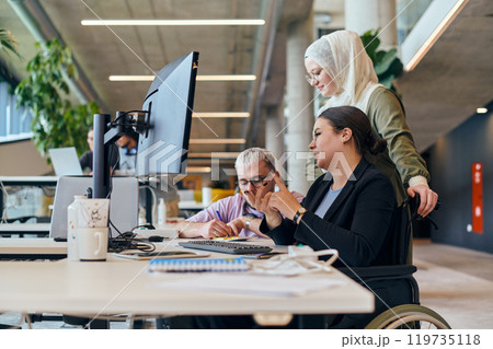 In a modern startup office, a diverse group of young professionals collaboratively tackles various business problems and challenges, surrounded by their engaged colleagues, fostering innovation and 119735118