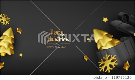 Happy New Year and Merry Christmas 2025. Christmas tree, Gift boxes, Christmas balls. Greeting card. Vector 3d rendering. 119735120