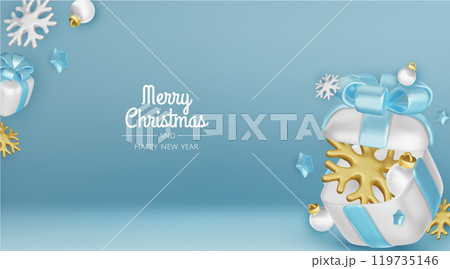 Happy New Year and Merry Christmas. Christmas holiday background with realistic 3d objects, Gift boxes, Christmas balls, snowflakes, conical metal stars. Happy New Year and Merry Christmas. Christmas holiday background with realistic 3d objects, Gift boxes, Christmas balls, snowflakes, conical metal stars. 119735146