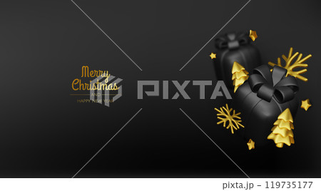 Happy New Year and Merry Christmas 2025. Christmas tree, Gift boxes, Christmas balls. Greeting card. Vector 3d rendering. 119735177