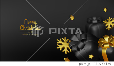 Happy New Year and Merry Christmas 2025. Christmas tree, Gift boxes, Christmas balls. Greeting card. Vector 3d rendering. 119735179