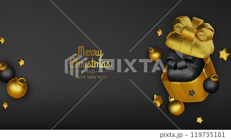 Happy New Year and Merry Christmas 2025. Christmas tree, Gift boxes, Christmas balls. Greeting card. Vector 3d rendering. 119735181