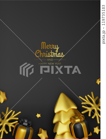 Happy New Year and Merry Christmas 2025. Christmas tree, Gift boxes, Christmas balls. Greeting card. Vector 3d rendering. 119735183