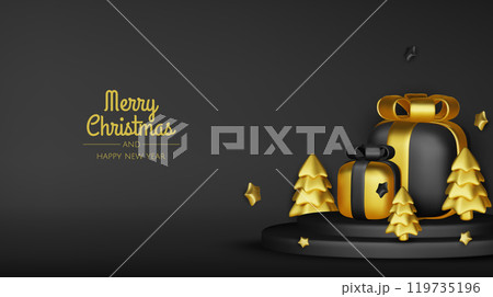 Happy New Year and Merry Christmas. Christmas holiday background with realistic 3d objects,gold and red bauble balls, conical metal stars. Levitation falling design composition. 119735196