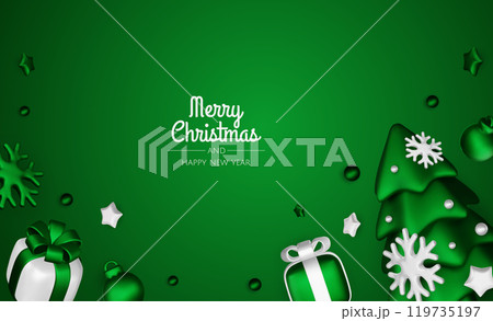 Happy New Year and Merry Christmas. Christmas holiday background with realistic 3d objects,gold and red bauble balls, conical metal stars. Levitation falling design composition. 119735197