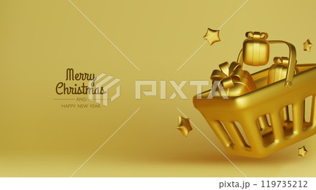 Happy New Year and Merry Christmas. Christmas holiday background with realistic 3d objects,gold and red bauble balls, conical metal stars. Levitation falling design composition. Happy New Year and Merry Christmas. Christmas holiday background with realistic 3d objects,gold and red bauble balls, conical metal stars. Levitation falling design composition. 119735212
