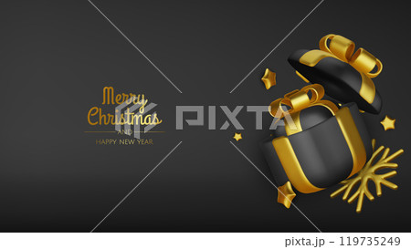 Happy New Year and Merry Christmas. Christmas holiday background with realistic 3d objects,gold and red bauble balls, conical metal stars. Levitation falling design composition. Happy New Year and Merry Christmas. Christmas holiday background with realistic 3d objects,gold and red bauble balls, conical metal stars. Levitation falling design composition. 119735249