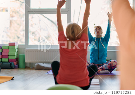 Senior Women Embrace Wellness: Yoga and Stretching in a Sunlit Space 119735282