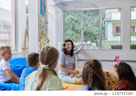 A happy female teacher sitting and playing hand games with a group of little schoolchildren A happy female teacher sitting and playing hand games with a group of little schoolchildren 119735584