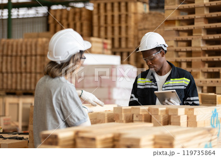 Team engineer manager wooden factory wearing safety uniform and hard hat working using tablet 119735864
