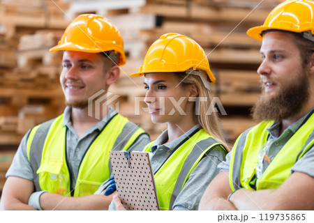 Team engineering worker technician, workshop manufacturing wooden 119735865