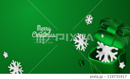 Happy New Year and Merry Christmas. Christmas holiday background with realistic 3d objects,green and white bauble balls, conical metal stars. Levitation falling design composition. Happy New Year and Merry Christmas. Christmas holiday background with realistic 3d objects,green and white bauble balls, conical metal stars. Levitation falling design composition. 119735917