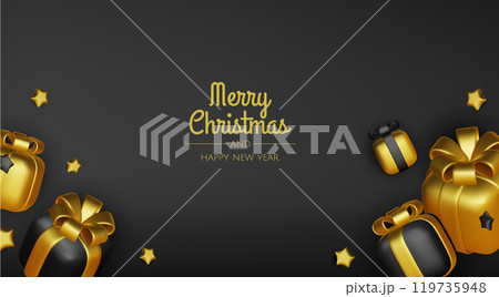 Happy New Year and Merry Christmas. Christmas holiday background with realistic 3d objects,gold and red bauble balls, conical metal stars. Levitation falling design composition. Happy New Year and Merry Christmas. Christmas holiday background with realistic 3d objects,gold and red bauble balls, conical metal stars. Levitation falling design composition. 119735948