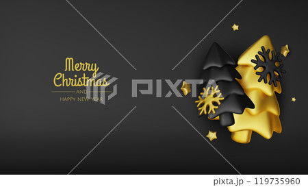 Happy New Year and Merry Christmas. Christmas holiday background with realistic 3d objects,gold and red bauble balls, conical metal stars. Levitation falling design composition. Happy New Year and Merry Christmas. Christmas holiday background with realistic 3d objects,gold and red bauble balls, conical metal stars. Levitation falling design composition. 119735960