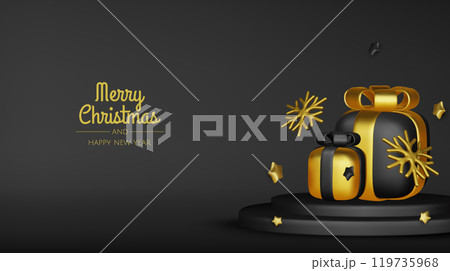 Happy New Year and Merry Christmas. Christmas holiday background with realistic 3d objects,gold and red bauble balls, conical metal stars. Levitation falling design composition. 119735968