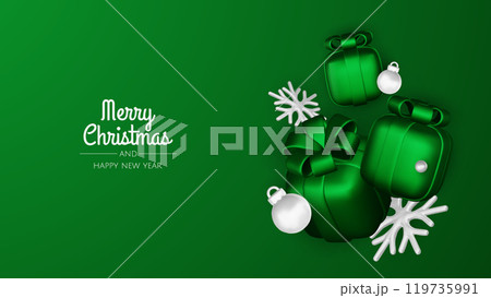 Christmas winter festive composition. Colorful Xmas background realistic 3d decorative design objects, christmas tree, gift boxes, xmas ball, gold confetti. Happy New Year. Vector illustration Christmas winter festive composition. Colorful Xmas background realistic 3d decorative design objects, christmas tree, gift boxes, xmas ball, gold confetti. Happy New Year. Vector illustration 119735991