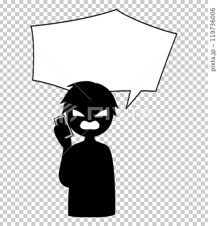 スマホで話す黒色の悪人イメージの人物と吹き出しの素材 119736006