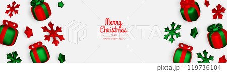 Happy New Year and Merry Christmas. Christmas holiday background with realistic 3d objects,gold and red bauble balls, conical metal stars, gift. Levitation falling design composition. Happy New Year and Merry Christmas. Christmas holiday background with realistic 3d objects,gold and red bauble balls, conical metal stars, gift. Levitation falling design composition. 119736104