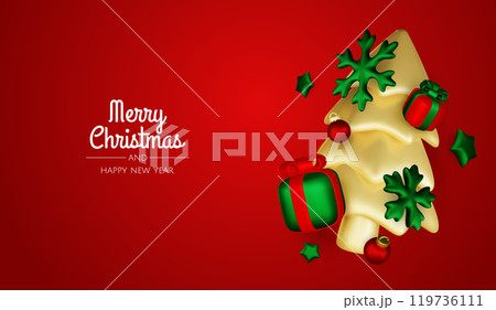 Merry christmas greeting card vector poster. Christmas elegant invitation template with xmas balls, xmas tree and snowflakes. Vector illustration holiday season greeting 119736111