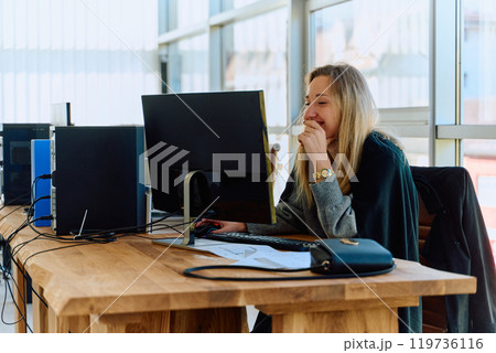 Businesswoman Programming a Product Design for Wood Processing Machine in Modern Office Businesswoman Programming a Product Design for Wood Processing Machine in Modern Office 119736116