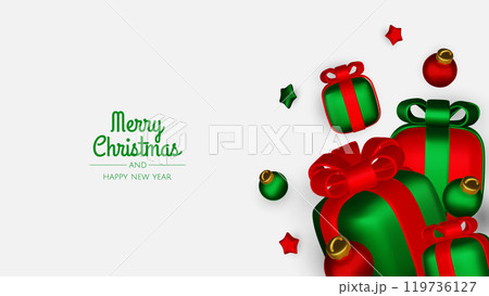 Christmas winter festive composition. Colorful Xmas background realistic 3d decorative design objects, christmas tree, gift boxes, xmas ball, gold confetti. Happy New Year. Vector illustration 119736127