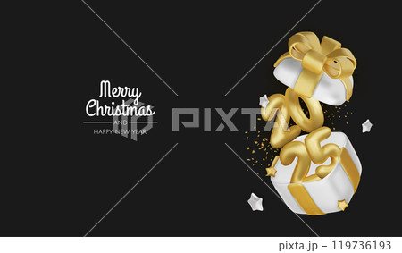 2025 Realistic glossy number with gold gift box. Happy New Year and Merry Christmas 2025. Greeting card. Vector 3d rendering. 119736193