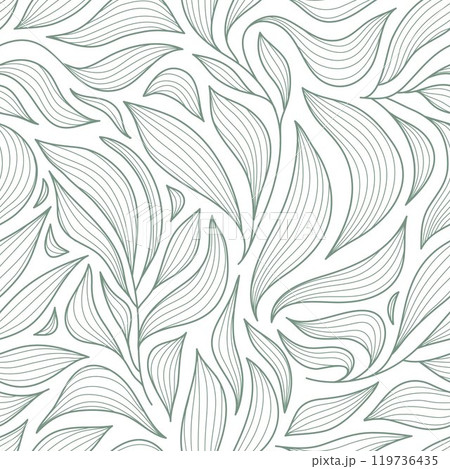 Vector seamless line leaves pattern, abstract floral texture, organic plant illustration. Tea leaves, spring wave decor, background foliage. 119736435