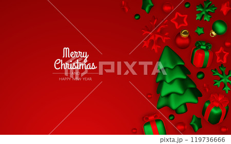 Merry Christmas and happy new year background. Christmas tree, Gift boxes, Christmas balls. Christmas element for web, banners, greeting card, template design. 119736666