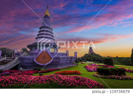 Doi Inthanon national park in winter in sunset of Thailand. Pagoda on Inthanon national park at Chiang mai, Thailand. 119736679