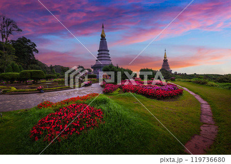 Doi Inthanon national park in winter in sunset of Thailand. Pagoda on Inthanon national park at Chiang mai, Thailand. 119736680