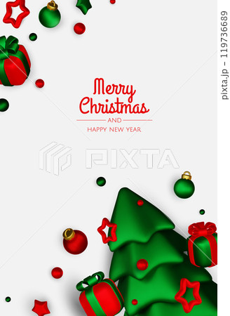 Happy New Year and Merry Christmas. Christmas holiday background with realistic 3d objects,gold and red bauble balls, conical metal stars, gift. Levitation falling design composition. 119736689